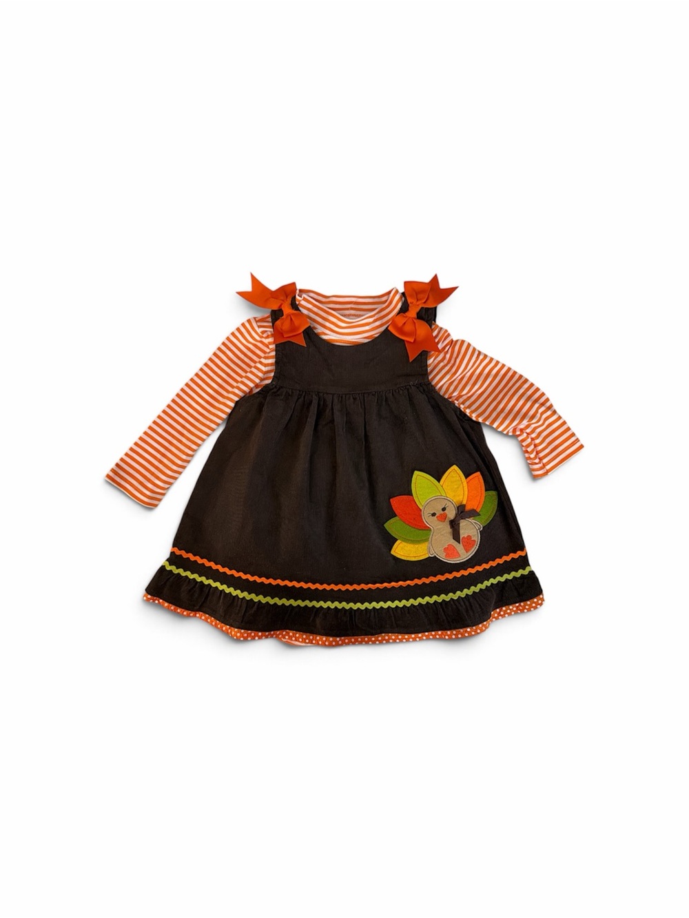 NWT- Kids Thanksgiving Turkey Dress with Orange Stripe Shirt -
